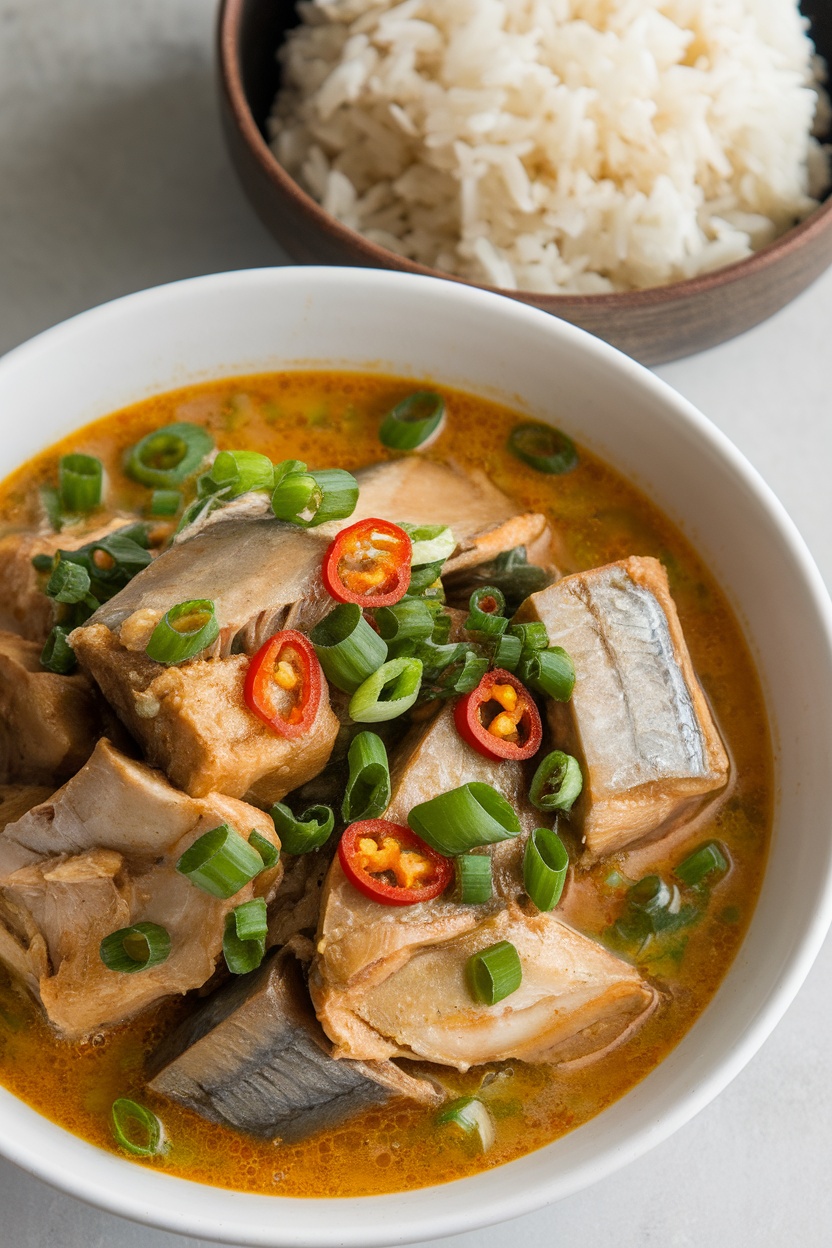 A bowl of Ginataang Mackerel Sardines in coconut milk, garnished with green onions, served with rice.